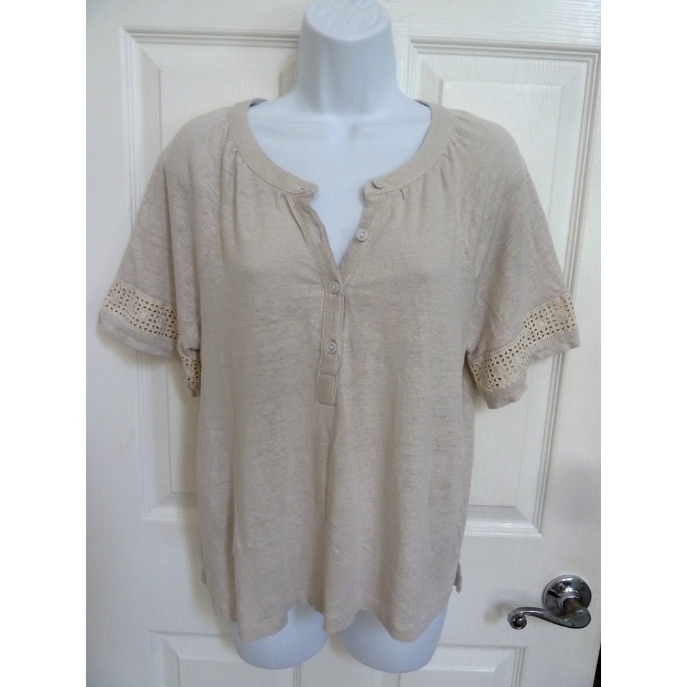 Chicos Size 2 Large Beige Linen Top Lace Short Sleeve Button Front Everyday Cool